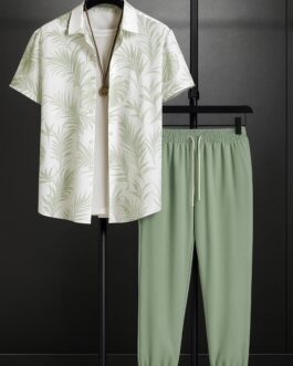 Leafy White Men's Casual Half Sleeve Shirt and Trouser Co-ord Set
