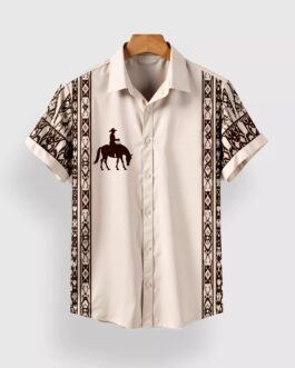 Cream Horse Designer Men's Half Sleeves Printed Shirt Exclusive
