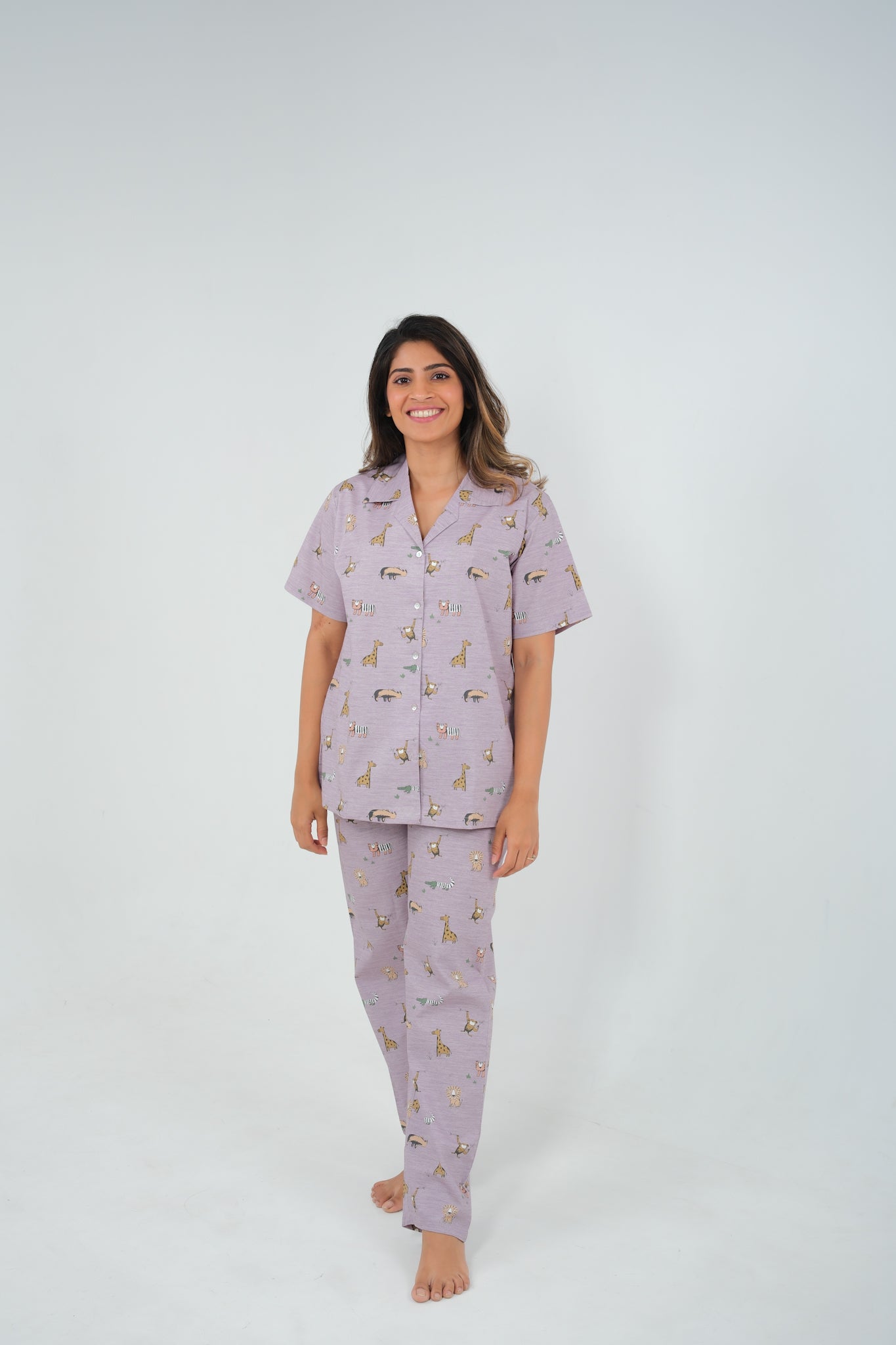 Jungle Animal Print 100% Cotton Night Suit for Women, Breathable PJs