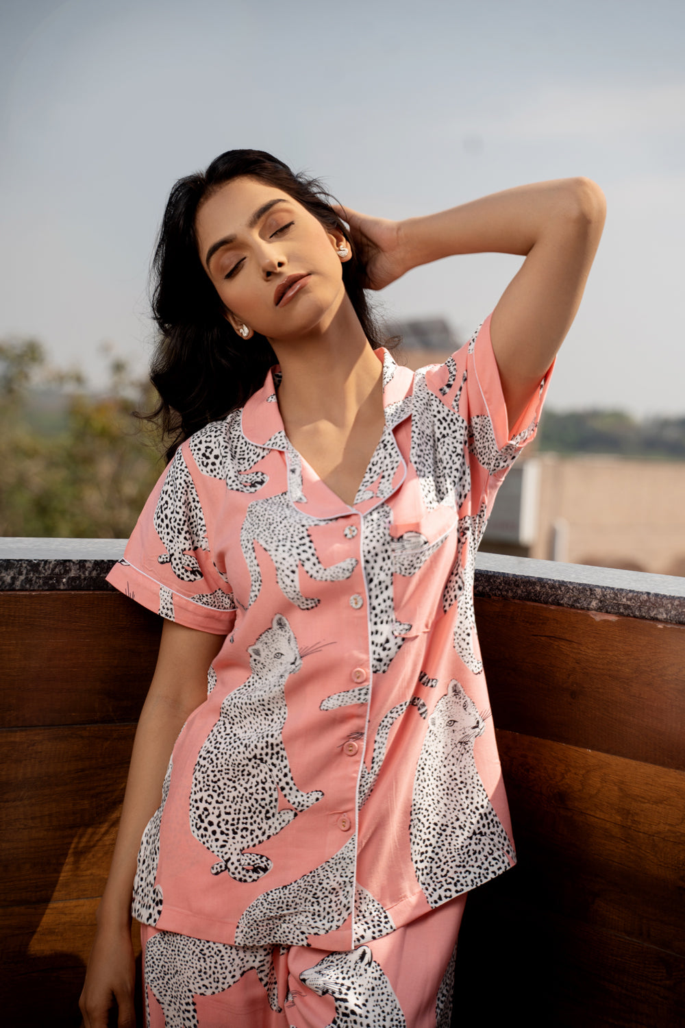 Silky Satin Leopard Print Night Suit Set, Classic Animal Print Loungewear