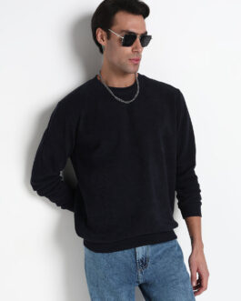 men?s navy blue solid round neck pullover sweatshirt timeless winter wear