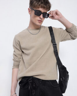 men?s beige sweatshirt minimal solid design soft winter outfit