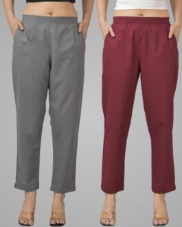 Pack Of 2 Womens Half Elastic Grey And Maroon Deep Pocket Cotton Pants