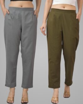 Pack Of 2 Womens Half Elastic Grey And Mehndi Green Deep Pocket Cotton Pants