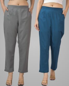 Pack Of 2 Womens Half Elastic Grey And Teal Blue Deep Pocket Cotton Pants