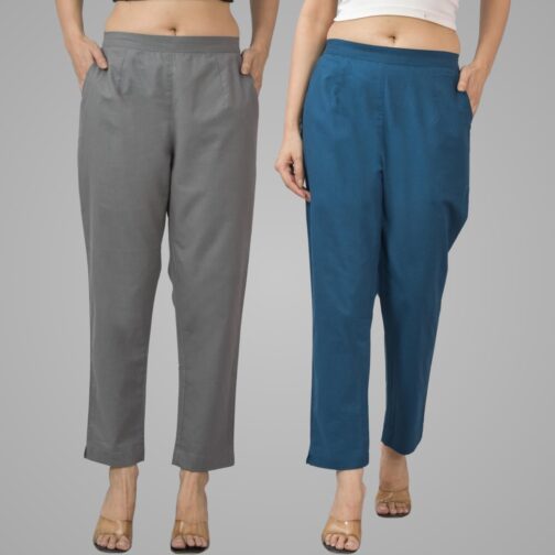 Pack Of 2 Womens Half Elastic Grey And Teal Blue Deep Pocket Cotton Pants