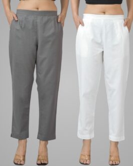 Pack Of 2 Womens Half Elastic Grey And White Deep Pocket Cotton Pants