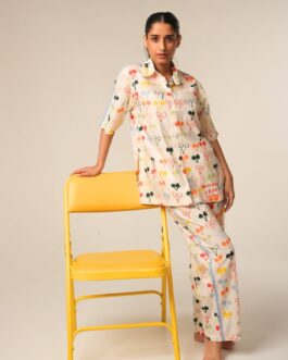 Retro Cherry Print 100% Cotton Night Suit, Fun Women's PJs