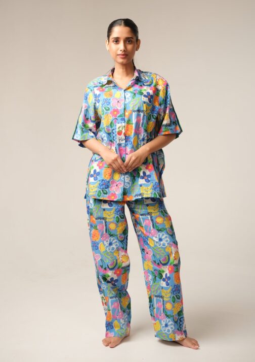 Pink Tropical Flower Print Night Suit, Botanical Garden PJs