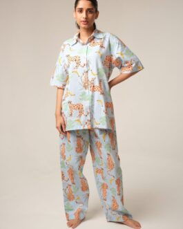 Classic Leopard Print Satin Pajama Set, Animal Print Loungewear for Women