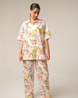 "Tropical Bliss" Hibiscus Print Pajama Set, Hawaiian Vacation Loungewear