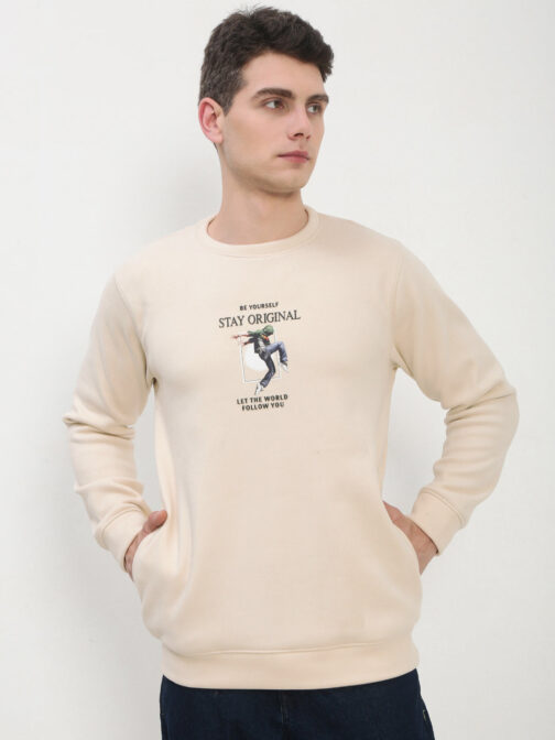 men?s beige graphic print round neck pullover sweatshirt trendy casual style - Image 2
