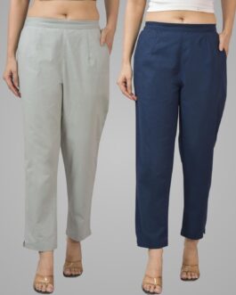 Pack Of 2 Womens Half Elastic Light Grey And Navy Blue Deep Pocket Cotton Pants