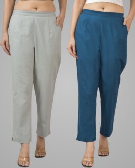 Pack Of 2 Womens Half Elastic Light Grey And Teal Blue Deep Pocket Cotton Pants