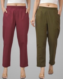 Pack Of 2 Womens Half Elastic Maroon And Mehndi Green Deep Pocket Cotton Pants
