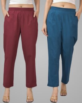 Pack Of 2 Womens Half Elastic Maroon And Teal Blue Deep Pocket Cotton Pants