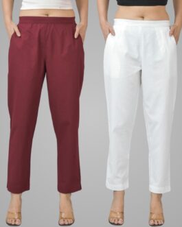 Pack Of 2 Womens Half Elastic Maroon And White Deep Pocket Cotton Pants