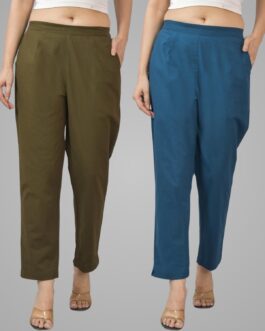 Pack Of 2 Womens Half Elastic Mehndi Green And Teal Blue Deep Pocket Cotton Pants