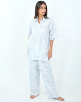 Blue & White Striped Pajama Set with Lobster Embroidery, Coastal Themed Sleepwear