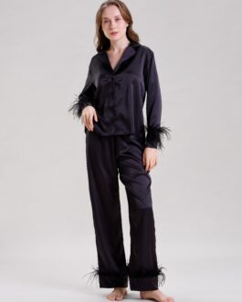 Midnight Black Satin Nightsuit with Feather Trim, Glamorous Evening Loungewear