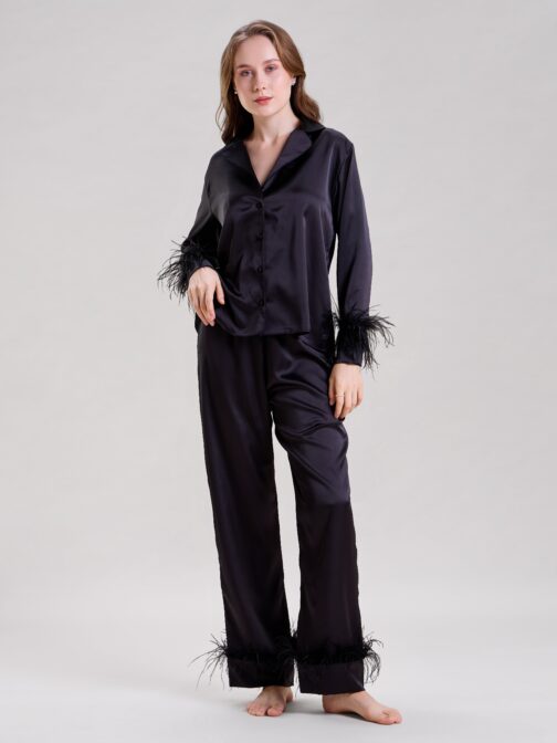 Midnight Black Satin Nightsuit with Feather Trim, Glamorous Evening Loungewear