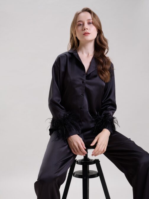 Midnight Black Satin Nightsuit with Feather Trim, Glamorous Evening Loungewear - Image 2