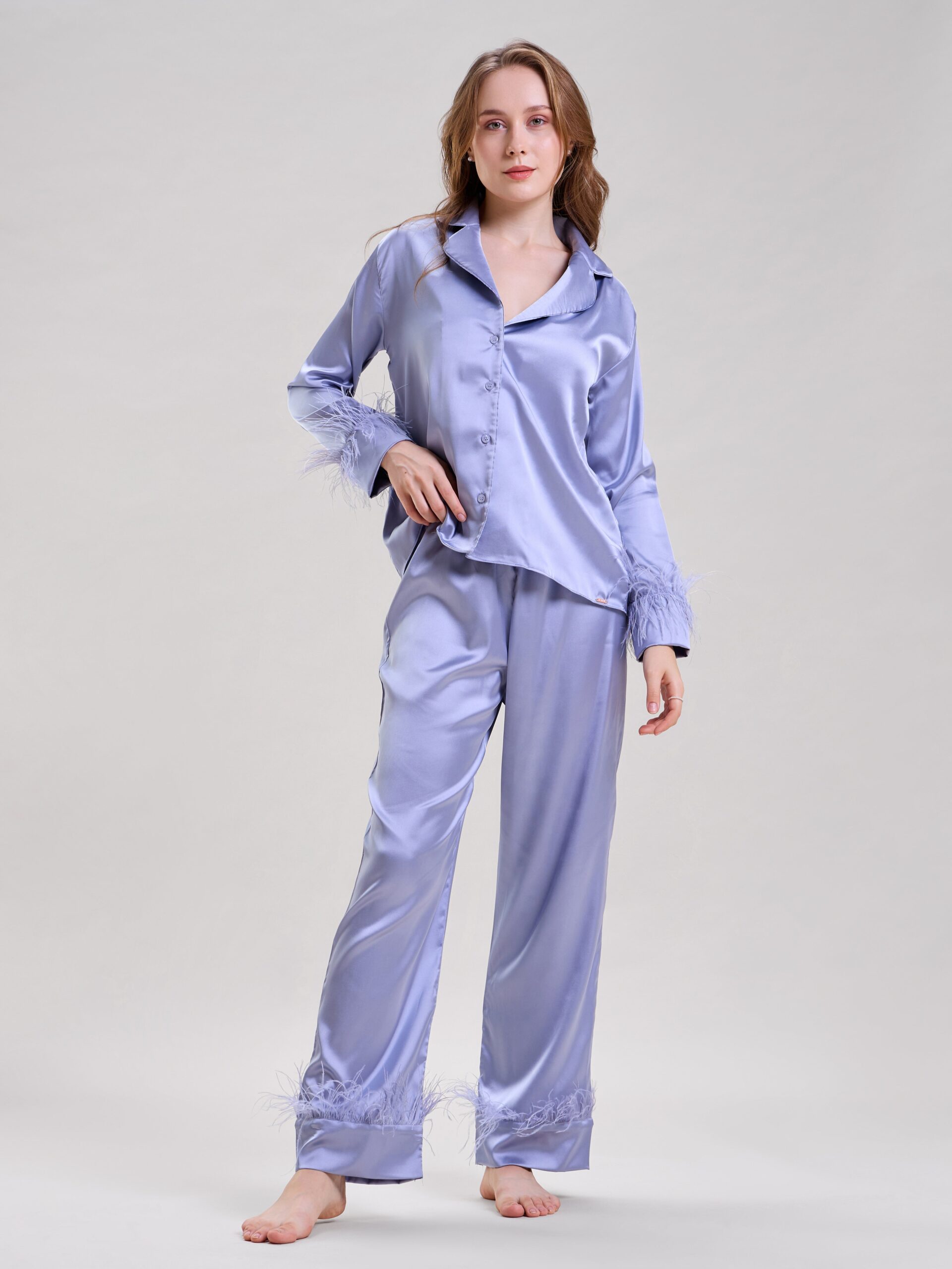 Luxury Tiffany Blue Satin Nightsuit with Feather Cuffs, Glamorous Sleepwear - Image 2
