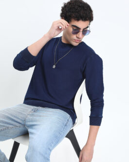 men?s navy blue ribbed round neck sweatshirt warm everyday winter style