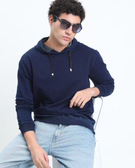 trendy men?s navy blue long sleeve hoodie premium cotton casual wear