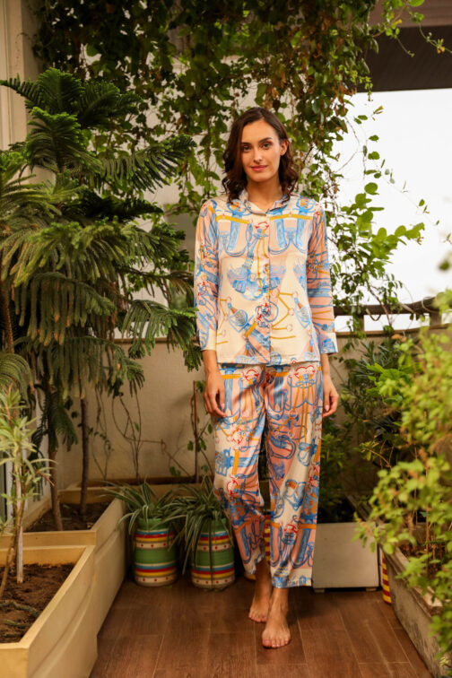 Vibrant Printed Satin Co-ord Lounge Set, Two-Piece Silky Loungewear