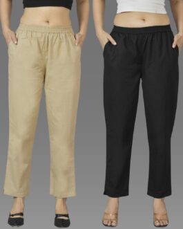 Pack Of 2 Womens Beige And Black Deep Pocket Fully Elastic Cotton Trouser