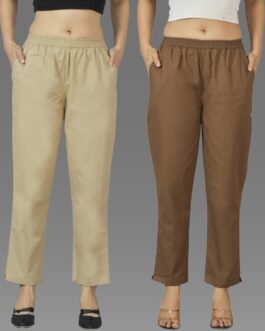 Pack Of 2 Womens Beige And Brown Deep Pocket Fully Elastic Cotton Trouser