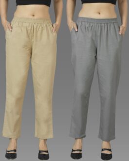 Pack Of 2 Womens Beige And Grey Deep Pocket Fully Elastic Cotton Trouser