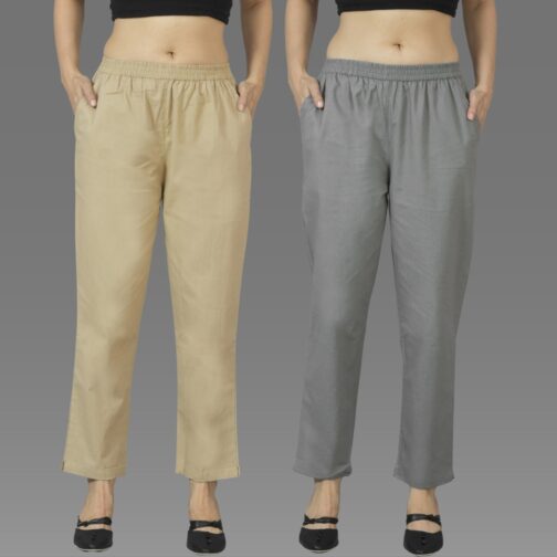 Pack Of 2 Womens Beige And Grey Deep Pocket Fully Elastic Cotton Trouser