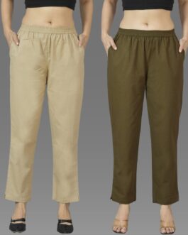 Pack Of 2 Womens Beige And Mehndi Green Deep Pocket Fully Elastic Cotton Trouser