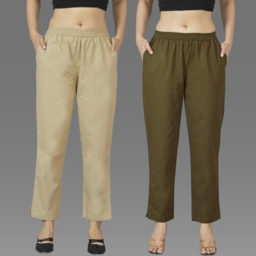 Pack Of 2 Womens Beige And Mehndi Green Deep Pocket Fully Elastic Cotton Trouser