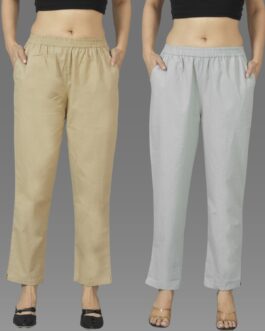 Pack Of 2 Womens Beige And Melange Grey Deep Pocket Fully Elastic Cotton Trouser