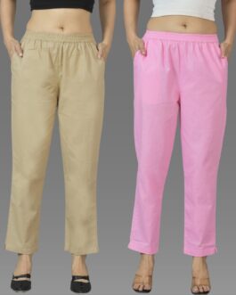 Pack Of 2 Womens Beige And Pink Deep Pocket Fully Elastic Cotton Trouser