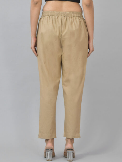 Pack Of 2 Womens Half Elastic Beige And Teal Blue Deep Pocket Cotton Pants - Image 3
