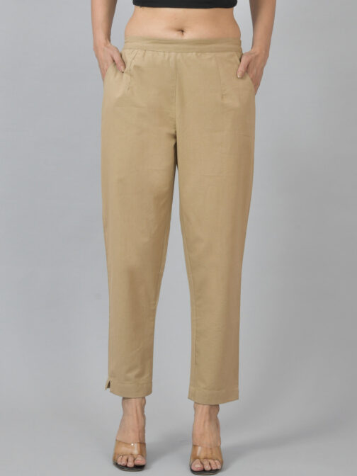 Pack Of 2 Womens Half Elastic Beige And Teal Blue Deep Pocket Cotton Pants - Image 2