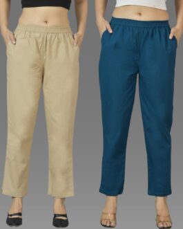 Pack Of 2 Womens Beige And Teal Blue Deep Pocket Fully Elastic Cotton Trouser