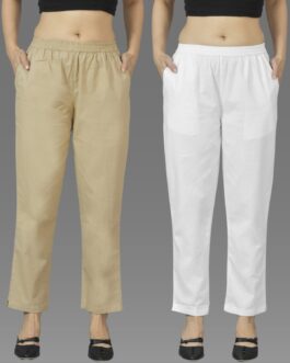 Pack Of 2 Womens Beige And White Deep Pocket Fully Elastic Cotton Trouser