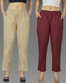 Pack Of 2 Womens Beige And Wine Deep Pocket Fully Elastic Cotton Trouser