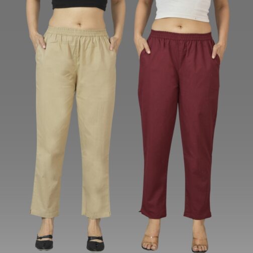 Pack Of 2 Womens Beige And Wine Deep Pocket Fully Elastic Cotton Trouser