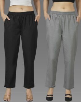 Pack Of 2 Womens Black And Grey Deep Pocket Fully Elastic Cotton Trouser