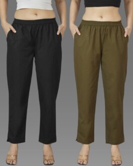 Pack Of 2 Womens Black And Mehndi Green Deep Pocket Fully Elastic Cotton Trouser