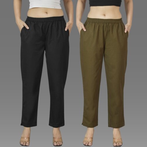 Pack Of 2 Womens Black And Mehndi Green Deep Pocket Fully Elastic Cotton Trouser