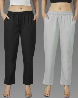Pack Of 2 Womens Black And Melange Grey Deep Pocket Fully Elastic Cotton Trouser