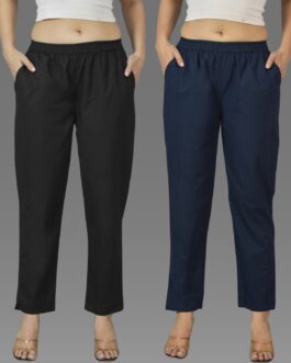 Pack Of 2 Womens Black And Navy Blue Deep Pocket Fully Elastic Cotton Trouser
