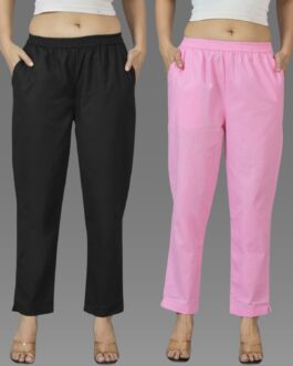 Pack Of 2 Womens Black And Pink Deep Pocket Fully Elastic Cotton Trouser
